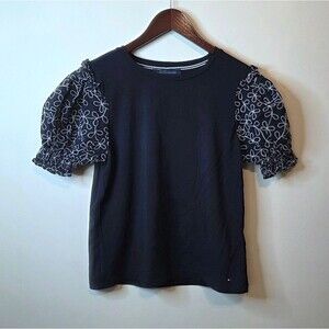 Tommy Hilfiger Navy Blue Embroidered Puff Sleeve Top Size Medium
